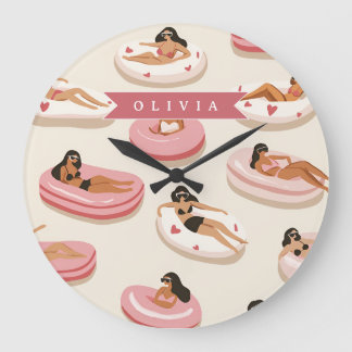 Personalized Cute Pink Pool Float Summer Aesthetic ラージ壁時計