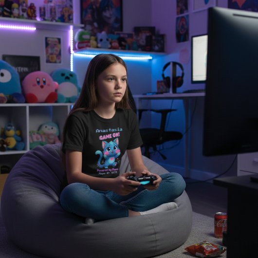 Personalized Cute Pixel Art Blue Cat "Game On" Tシャツ