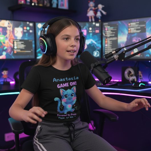 Personalized Cute Pixel Art Blue Cat "Game On" Tシャツ