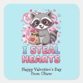 Personalized Cute Raccoon Classroom Valentine スクエアシール (正面)