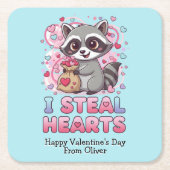 Personalized Cute Raccoon Classroom Valentine スクエアペーパーコースター (正面)
