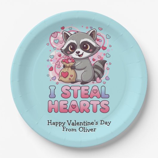 Personalized Cute Raccoon Classroom Valentine ペーパープレート (正面)
