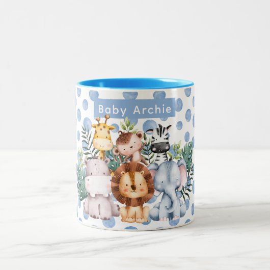 Personalized Cute Safari Animal baby boy name blue ツートーンマグカップ (中央)