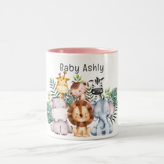 Personalized Cute Safari Animals Kids Name ツートーンマグカップ (中央)