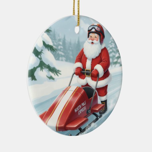Personalized Cute Santa Doing Snowmobiling セラミックオーナメント (右)