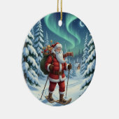 Personalized Cute Santa Snowshoeing セラミックオーナメント (右)