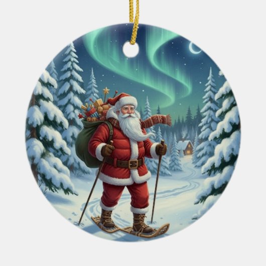 Personalized Cute Santa Snowshoeing セラミックオーナメント (正面)