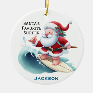 Personalized Cute Santa's Favorite Surfer セラミックオーナメント