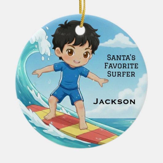 Personalized Cute Santa's Favorite Surfer セラミックオーナメント (正面)