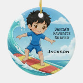 Personalized Cute Santa's Favorite Surfer セラミックオーナメント (裏面)