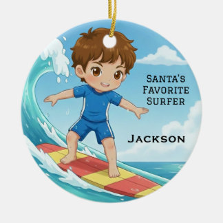Personalized Cute Santa's Favorite Surfer セラミックオーナメント