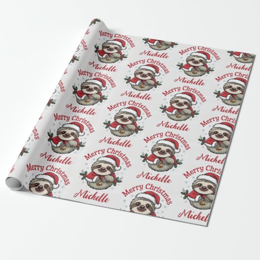Personalized Cute Sloth Santa Hat Holiday          ラッピングペーパー (アンロールド)