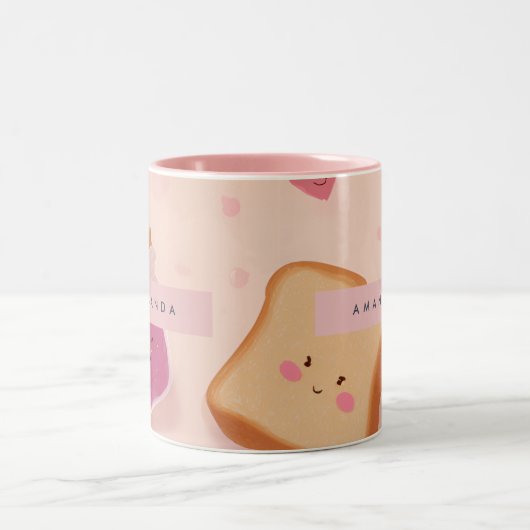 Personalized Cute Smiling Toast and Jam Pattern ツートーンマグカップ (中央)