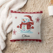Personalized Cute Snowman Red Plaid Kids Christmas クッション (ブランケット)