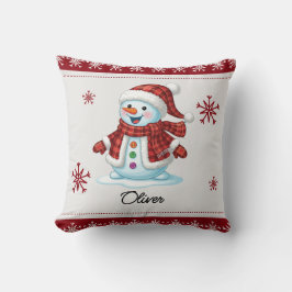 Personalized Cute Snowman Red Plaid Kids Christmas クッション