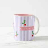 Personalized Cute Striped Holiday Christmas Holly  ツートーンマグカップ (正面右)