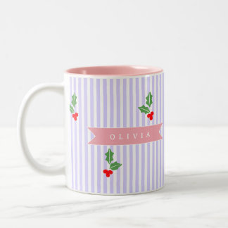 Personalized Cute Striped Holiday Christmas Holly  ツートーンマグカップ