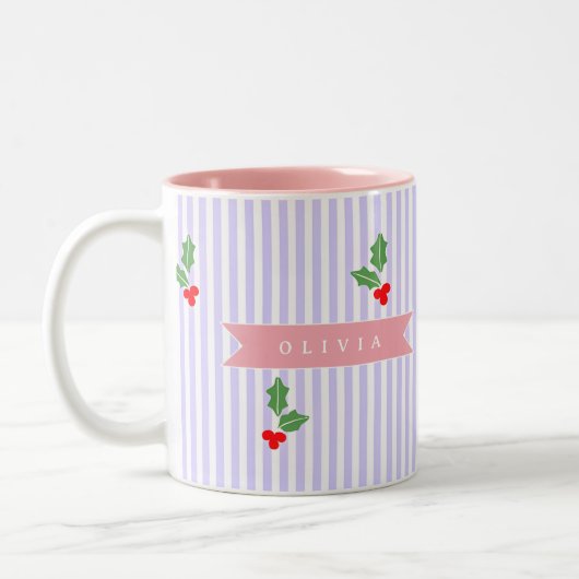 Personalized Cute Striped Holiday Christmas Holly  ツートーンマグカップ (左)
