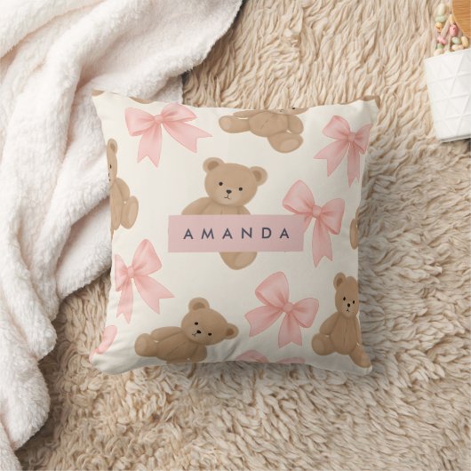 Personalized Cute Teddy Bear and Pink Bow Pattern クッション (ブランケット)