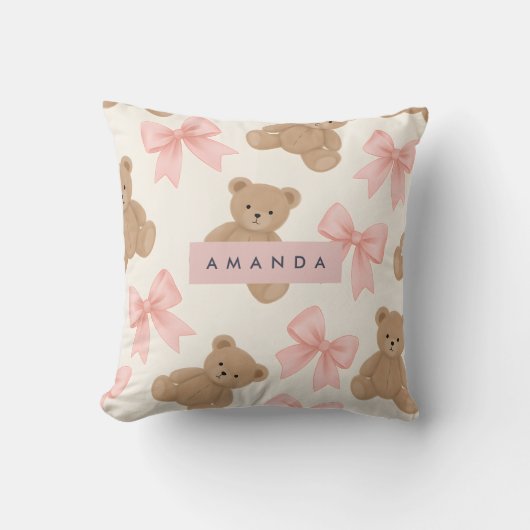 Personalized Cute Teddy Bear and Pink Bow Pattern クッション (正面)