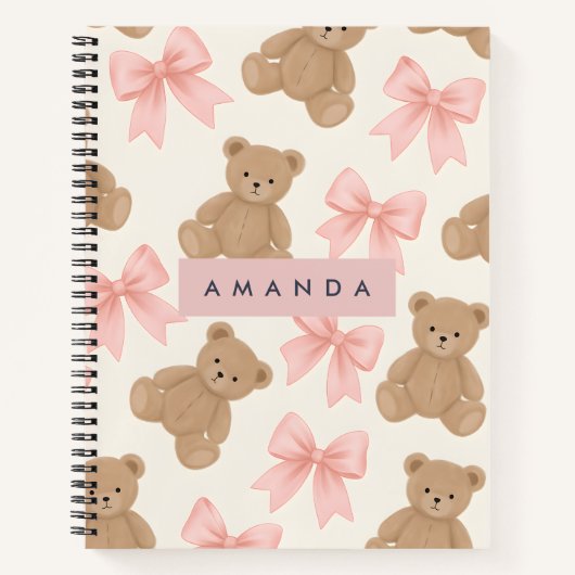 Personalized Cute Teddy Bear and Pink Bow Pattern ノートブック (正面)