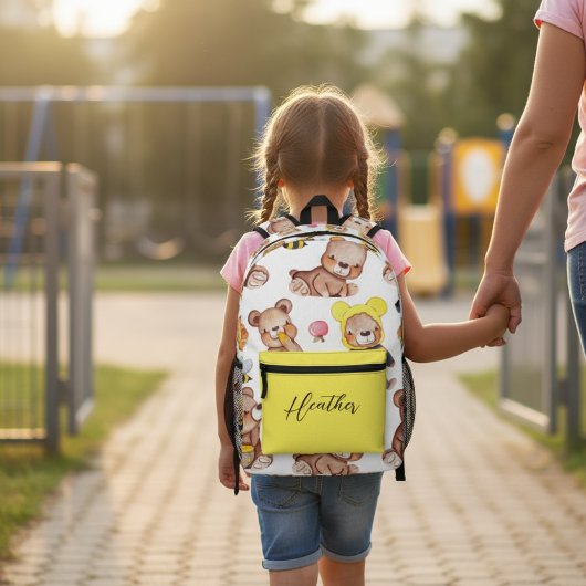 Personalized Cute Teddy Bear Bees & Honey Pattern  プリントバックパック