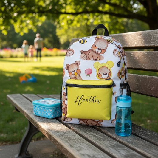 Personalized Cute Teddy Bear Bees & Honey Pattern  プリントバックパック
