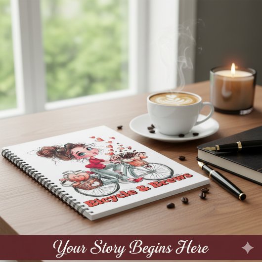 Personalized Cute Watercolor Girl Bicycle & Brews  ノートブック