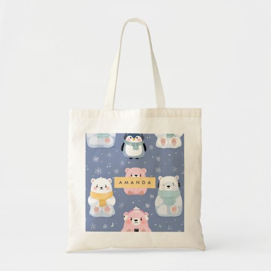 Personalized Cute Winter Bear & Penguin Pattern  トートバッグ (正面)