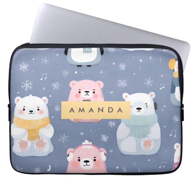 Personalized Cute Winter Bear & Penguin Pattern  ラップトップスリーブ (正面)