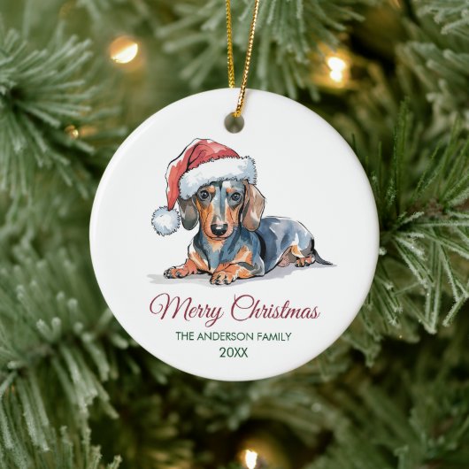 Personalized Dachshund in Santa Hat Christmas セラミックオーナメント (ツリー)