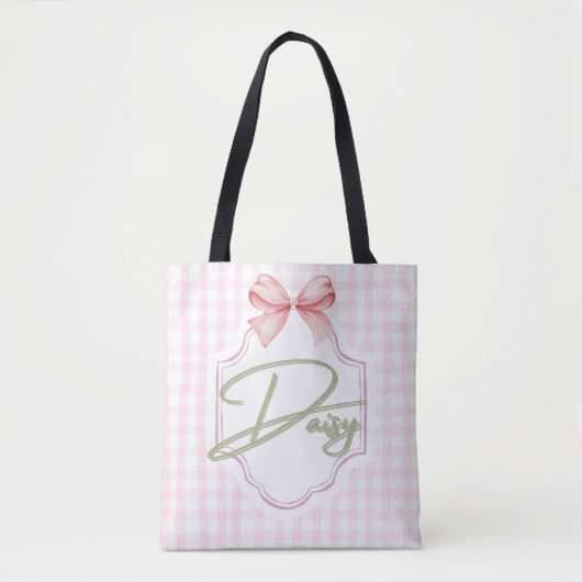 Personalized Daisy Baby Girl Nursery Bow&Gingham トートバッグ (正面)