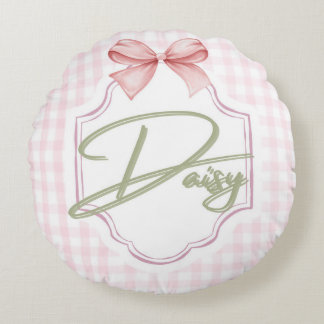Personalized Daisy Baby Girl Nursery Bow&Gingham ラウンドクッション