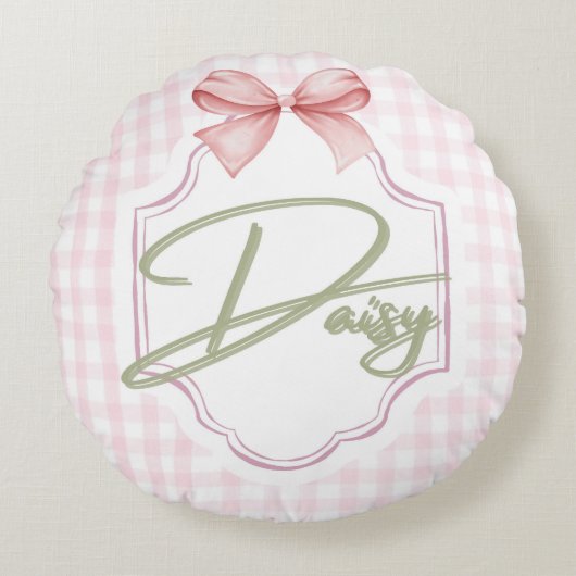 Personalized Daisy Baby Girl Nursery Bow&Gingham ラウンドクッション (正面)