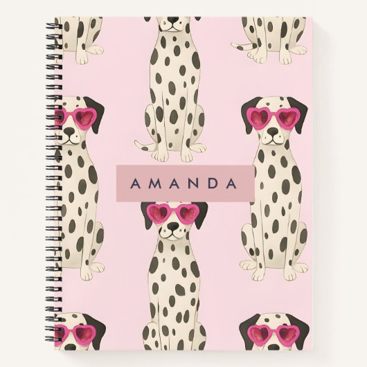 Personalized Dalmatian Dog with Pink Heart Glasses ノートブック (正面)