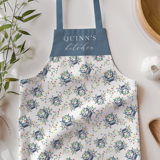 Personalized Deck the Claws Coastal Crab Christmas エプロン