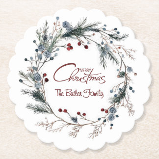 Personalized Delicate Christmas Floral Wreath ペーパーコースター
