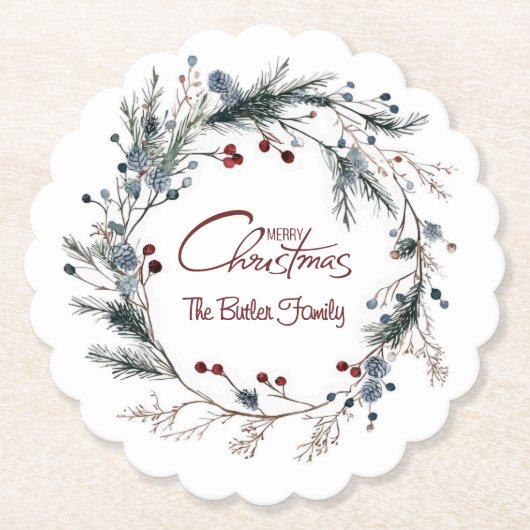 Personalized Delicate Christmas Floral Wreath ペーパーコースター (正面)