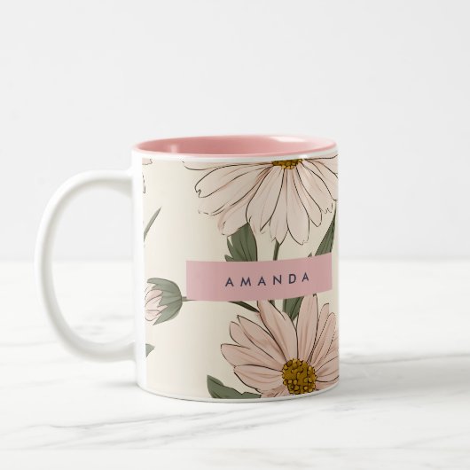 Personalized Delicate Pink Daisy Illustration ツートーンマグカップ (左)