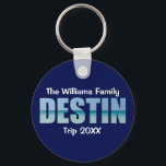 Personalized Destin Beach Trip Cool Blue キーホルダー<br><div class="desc">These cool custom Destin Florida keychains feature your personalized group name for a family reunion or trip to the Emerald Coast. The letters of the word DESTIN are filled with beautiful ocean photography for your vacation.</div>