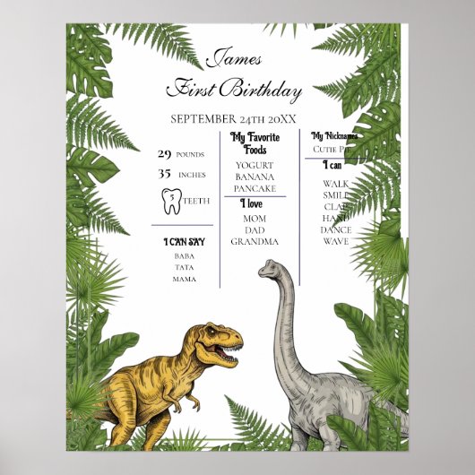Personalized Dino 1st Birthday Milestone Poster ポスター (正面)