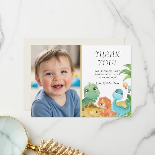 Personalized Dino 1st Birthday Thank You サンキューカード (正面/裏面インサイチュ)