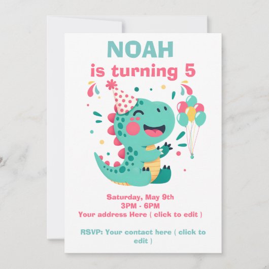 Personalized Dino Birthday Party Invitation Boys 招待状 (正面)