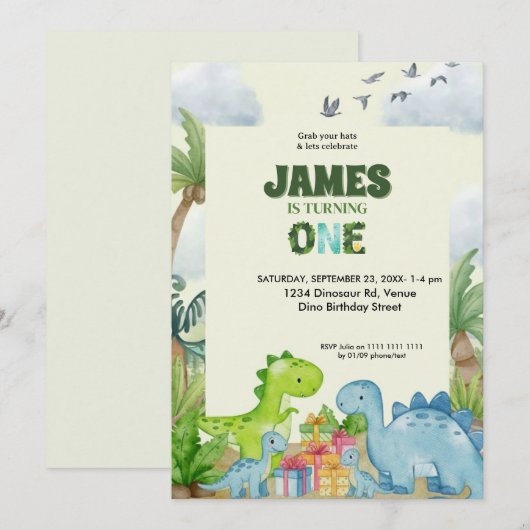 Personalized Dinosaur 1st Birthday Invitation 招待状 (正面/裏面)