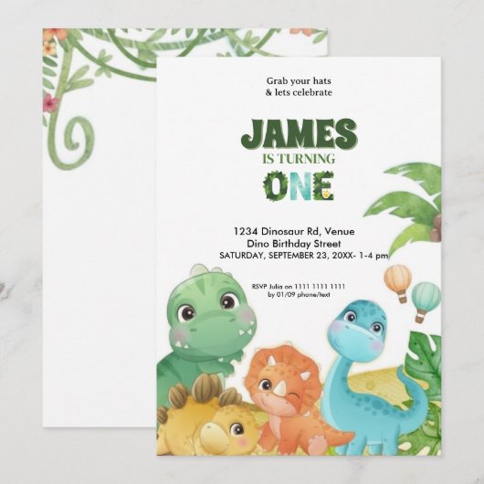 Personalized Dinosaur 1st Birthday Invitation  招待状 (正面/裏面)
