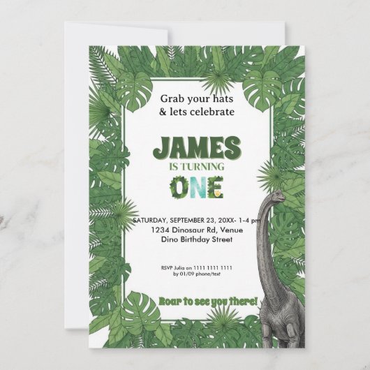 Personalized Dinosaur 1st Birthday Invitations 招待状 (正面)