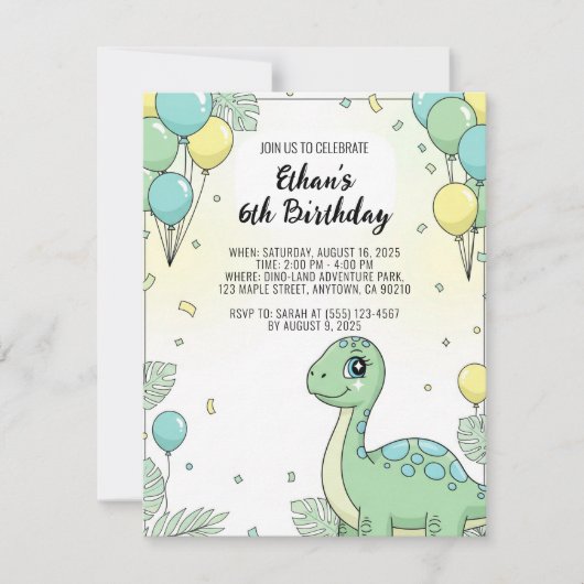 Personalized Dinosaur Birthday Invitation 招待状 (正面)