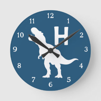 Personalized Dinosaur Kids Wall Clock Blue T-Rex ラウンド壁時計