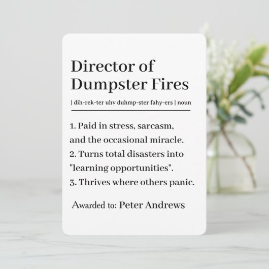 Personalized Director of Dumpster Fires Card 招待状 (スタンド正面)