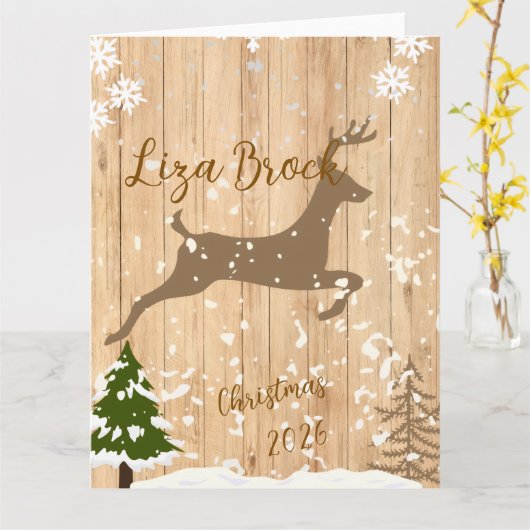 Personalized doe Christmas bauble wooden backgroun カード (黄色い花)